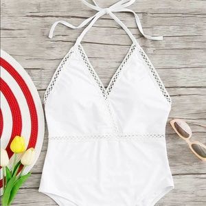 White Pointelle Trim VCut One Piece Swimsuit SzXXL